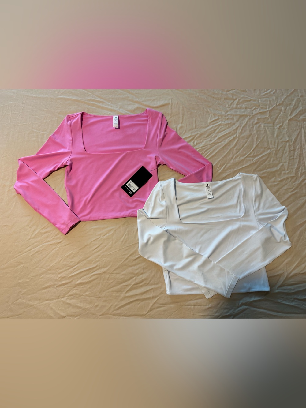 Square Neck Long Sleeve Cropped Top - Pink and White